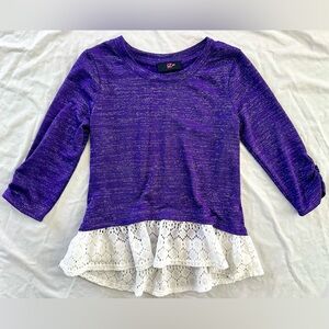 IZ Byer Girls Size 14 Purple Knit Top w/ White Lace Ruffle Hem 3/4 Sleeve Dressy